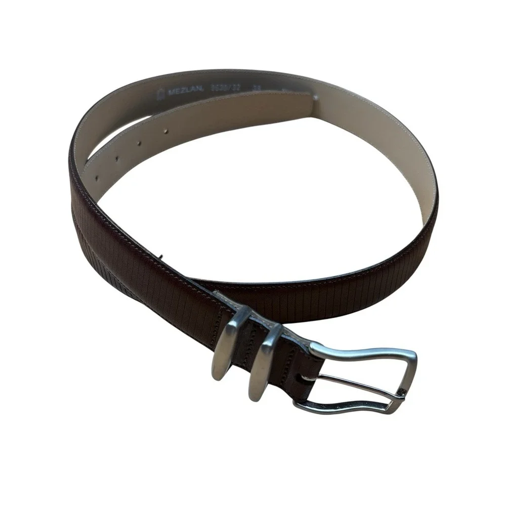 MEZLAN Men's Dark Brown Linear Ribbed Leather Dress Belt Sz 38 Made in Spain